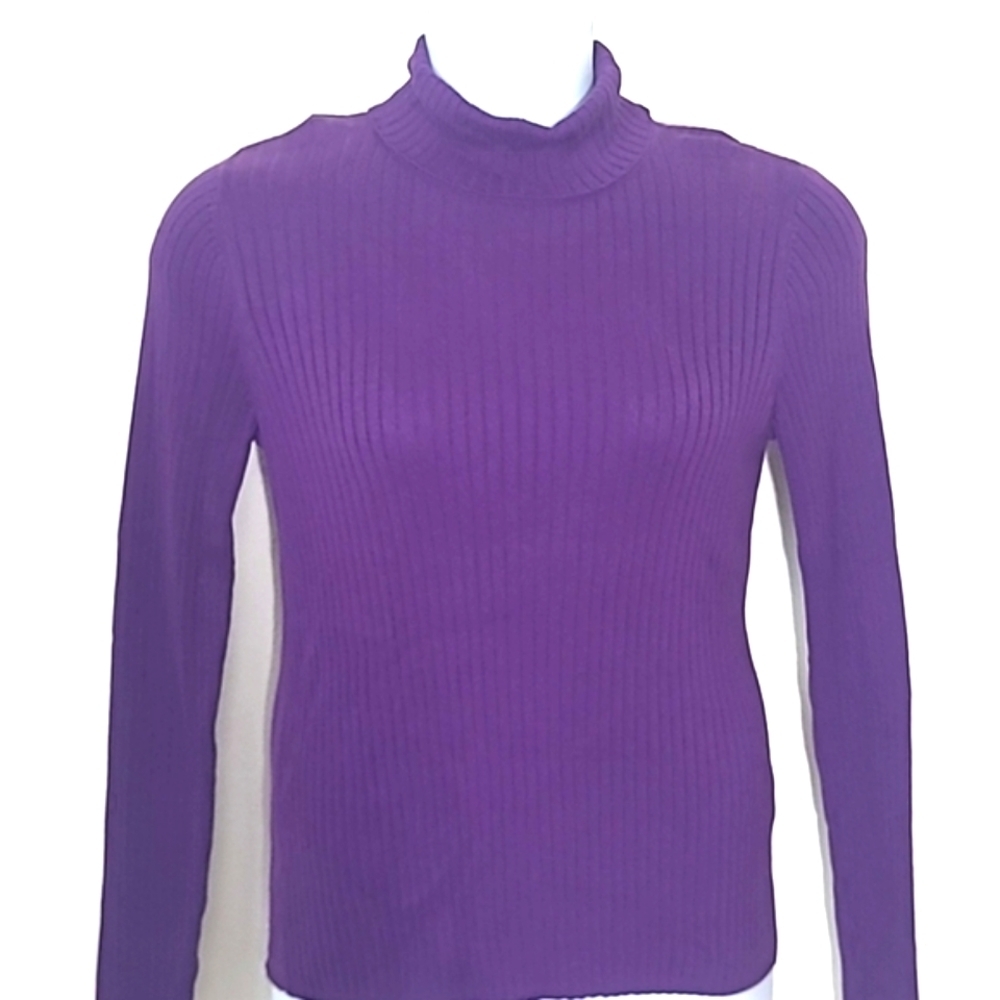 Kim Rogers Deep Purple Ribbed Turtleneck Sweater 100% Cotton Stretch Large